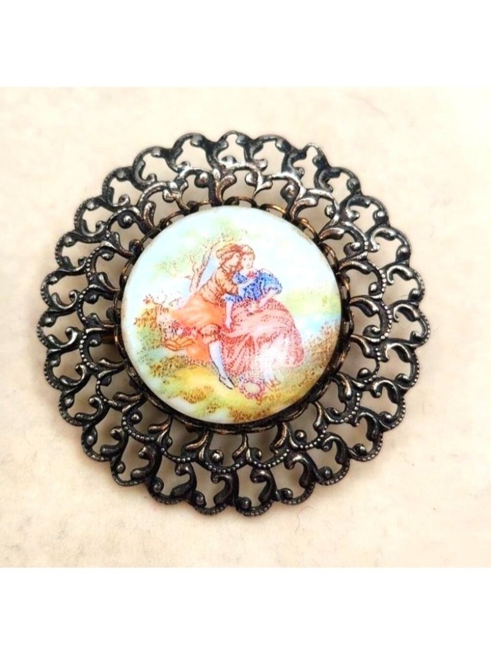 Vintage Victorian Style Filigree Brooch With Romantic Scene Porcelain Cabochon